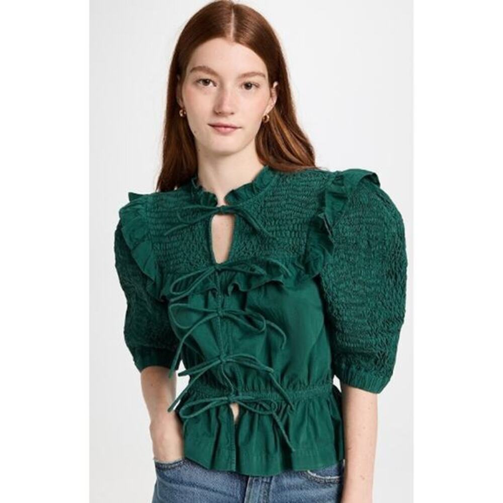 Sea New York‎ Casey Top Smocked Tie Front Puff Sleeves Ruffle Women's XXS Green